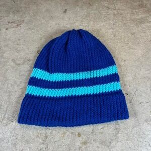 Hand knit vintage Blue striped beanie
